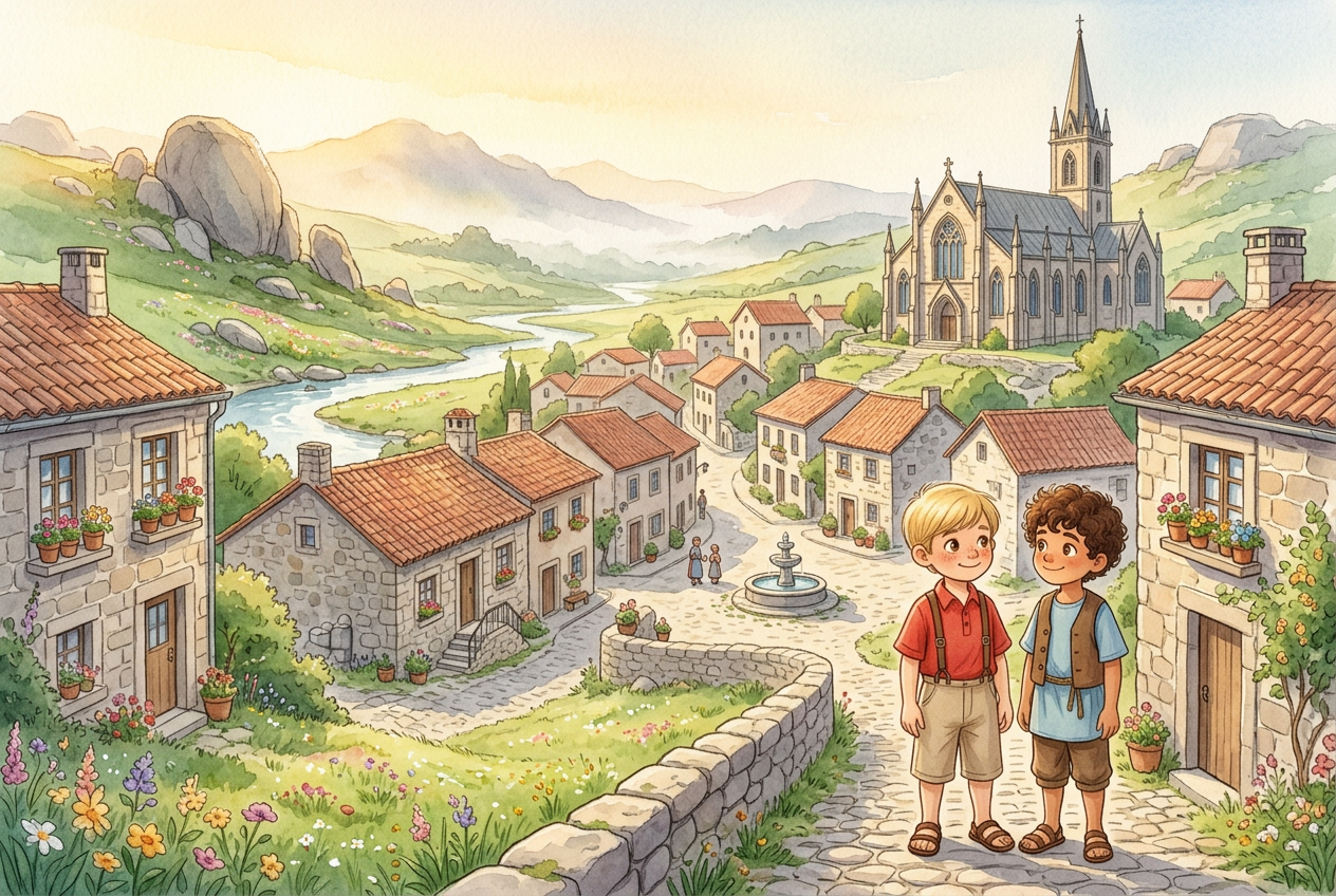 A vila de Pedrabela ao pôr do sol, com as famílias de David e Samuel reunidas no caminho de pedra.